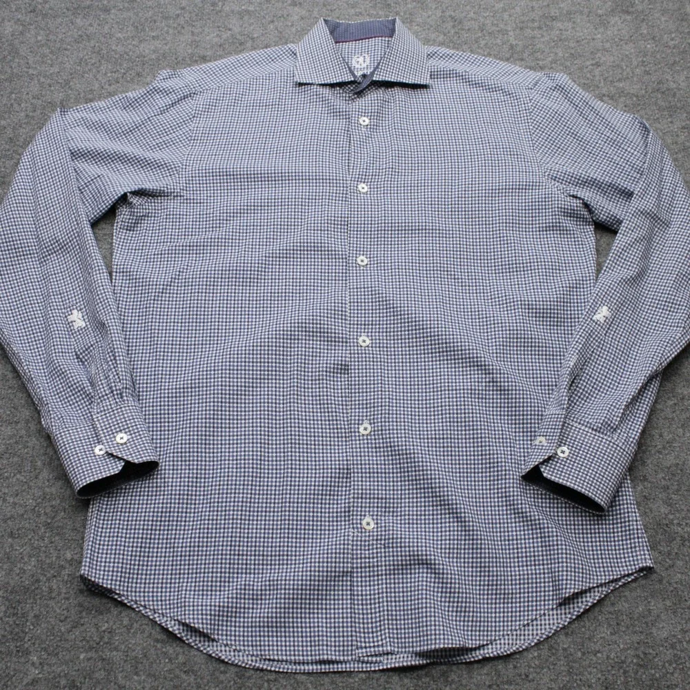 Bugatchi Uomo Mens 15.5 34/35 Blue White Micro Check Button Down Shirt